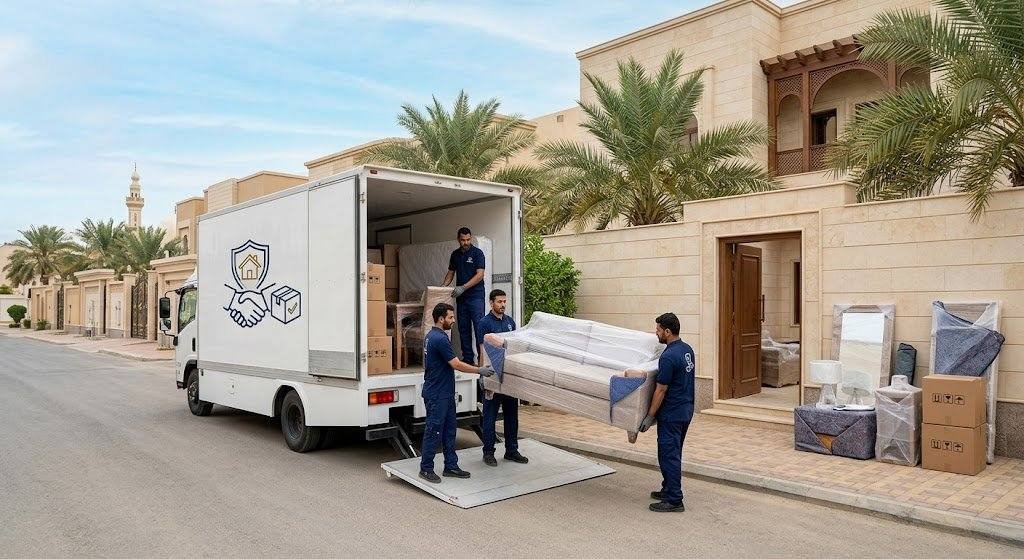فريق عمل محترف يقوم بتغليف ونقل الأثاث بعناية فائقة ضمن خدمات نقل عفش حي الشاطئ لضمان حماية الممتلكات ووصولها بأمان تام وبدون أي خدوش.