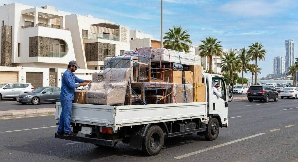 فريق عمل محترف يقوم بتغليف ونقل الأثاث بعناية فائقة ضمن خدمات نقل عفش حي البغدادية بجدة لضمان حماية الممتلكات ووصولها بأمان تام وبدون أي خدوش.