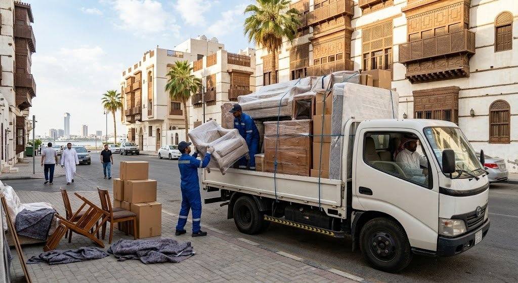 فريق عمل محترف يقوم بتغليف ونقل الأثاث بعناية فائقة ضمن خدمات نقل عفش حي الأندلس لضمان حماية الممتلكات ووصولها بأمان تام وبدون أي خدوش.