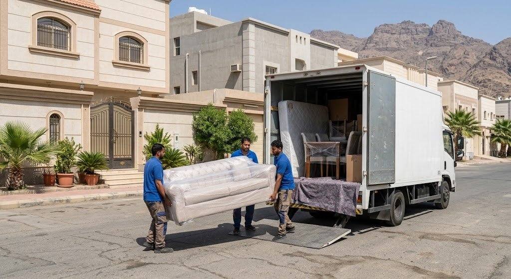 فريق عمل محترف يقوم بفك وتغليف ونقل الأثاث بعناية ضمن خدمات نقل عفش حي الروضة بجدة لضمان حماية المنقولات وسلامتها.